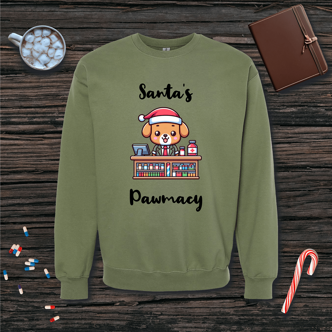 Santa's Pawmacy Christmas Fleece Crewneck Sweatshirt