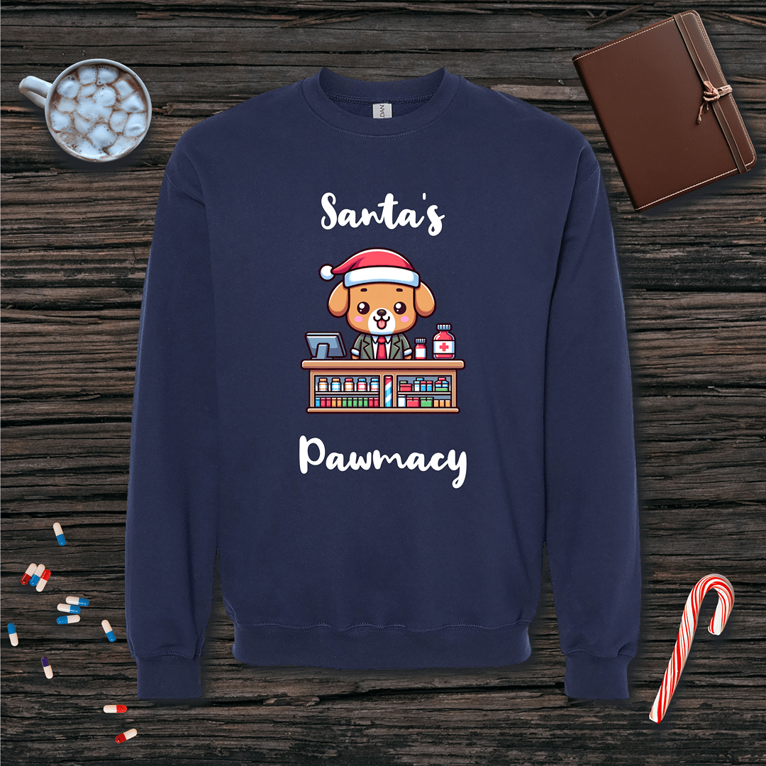 Santa's Pawmacy Christmas Fleece Crewneck Sweatshirt
