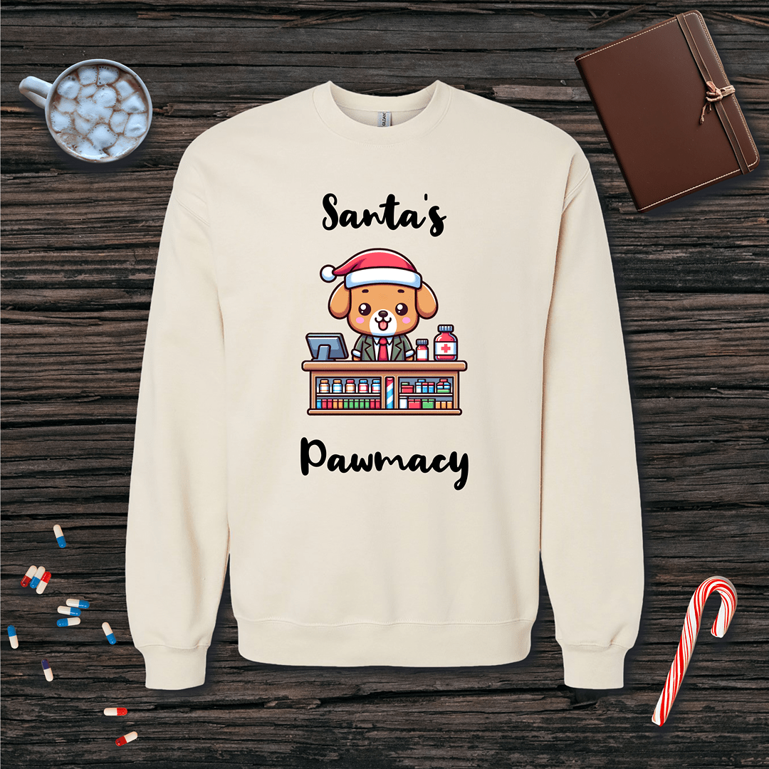 Santa's Pawmacy Christmas Fleece Crewneck Sweatshirt
