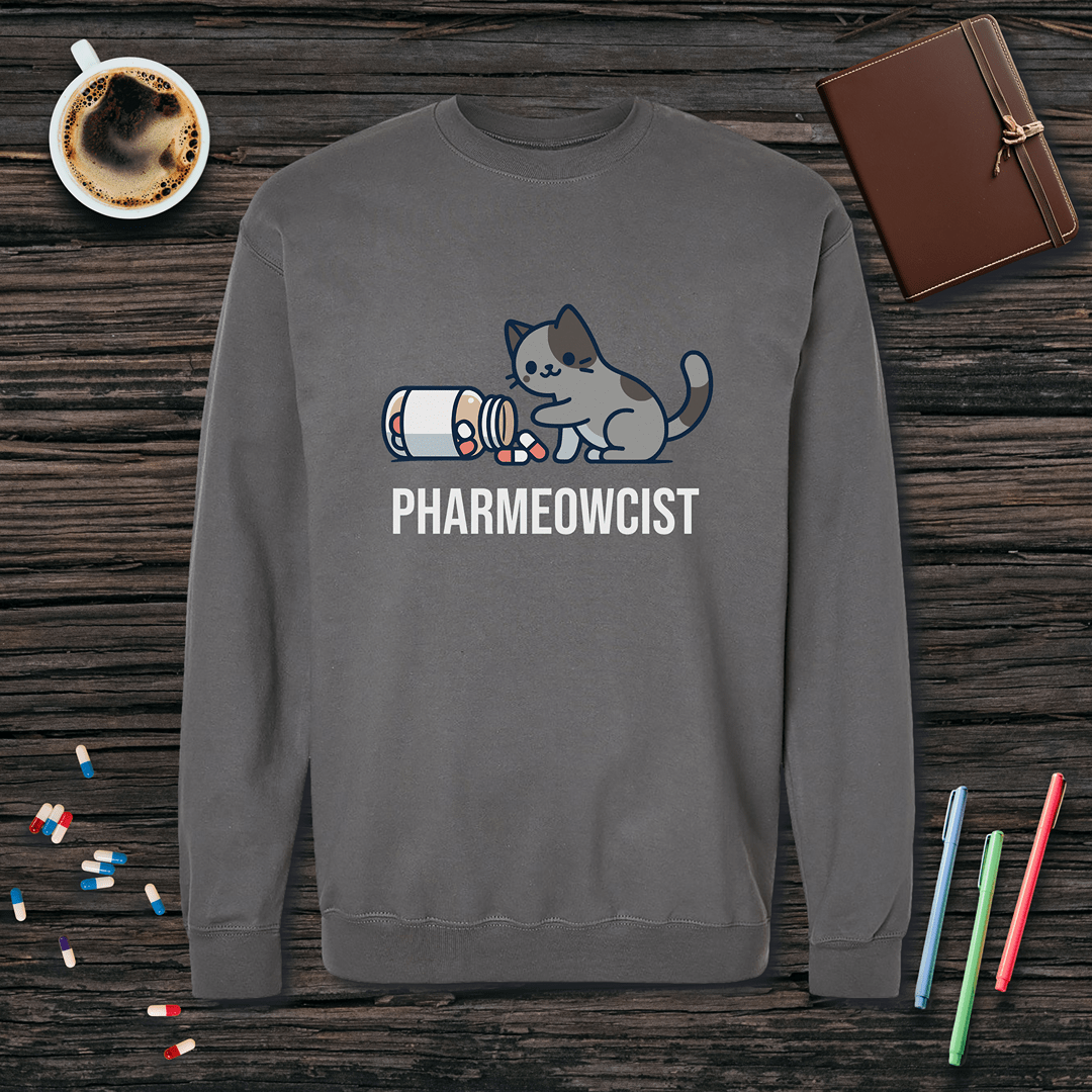 Pharmeowcist - Gray Cat Fleece Crewneck Sweatshirt