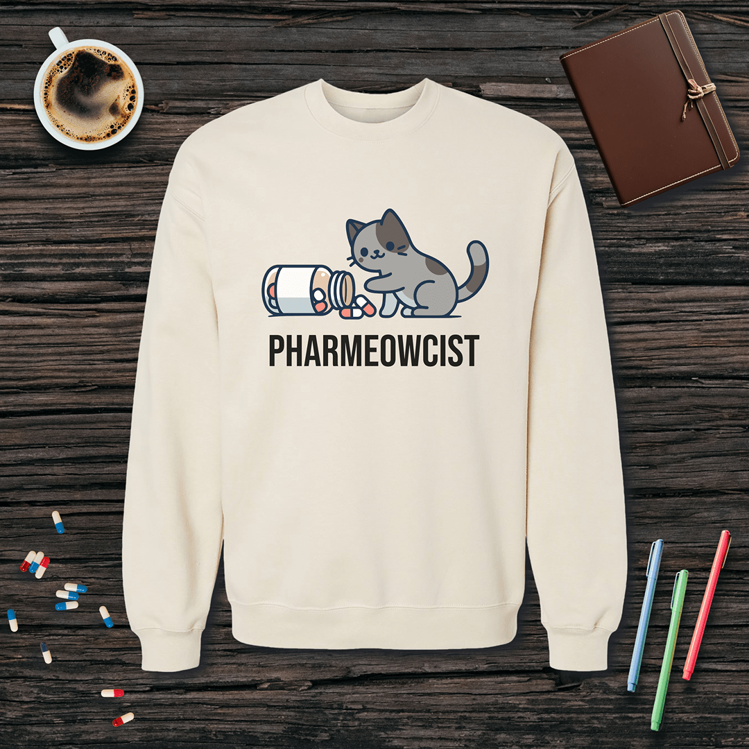 Pharmeowcist - Gray Cat Fleece Crewneck Sweatshirt