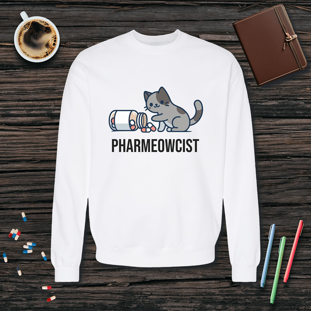 Pharmeowcist - Gray Cat Fleece Crewneck Sweatshirt