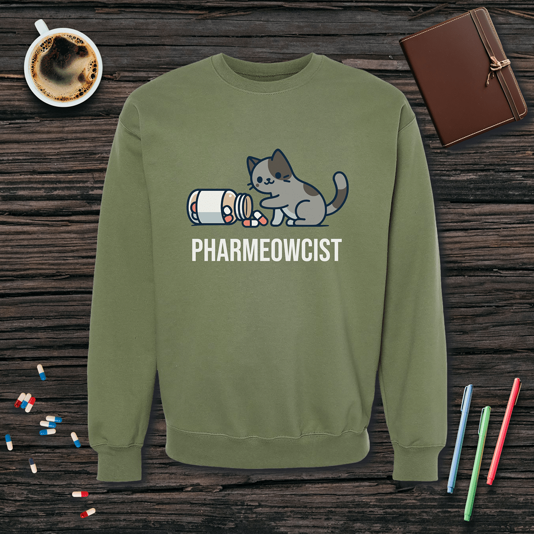 Pharmeowcist - Gray Cat Fleece Crewneck Sweatshirt