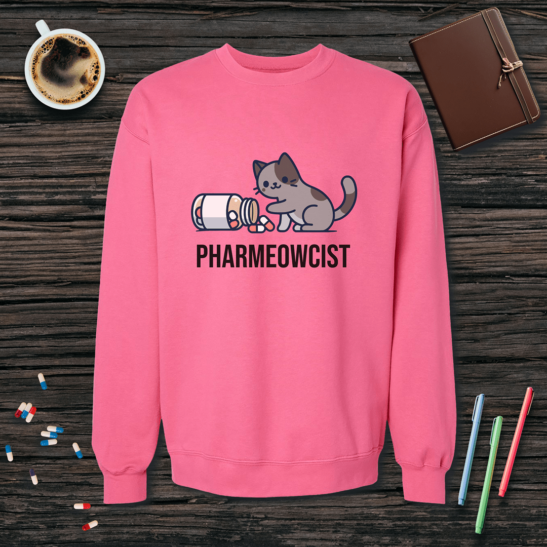 Pharmeowcist - Gray Cat Fleece Crewneck Sweatshirt