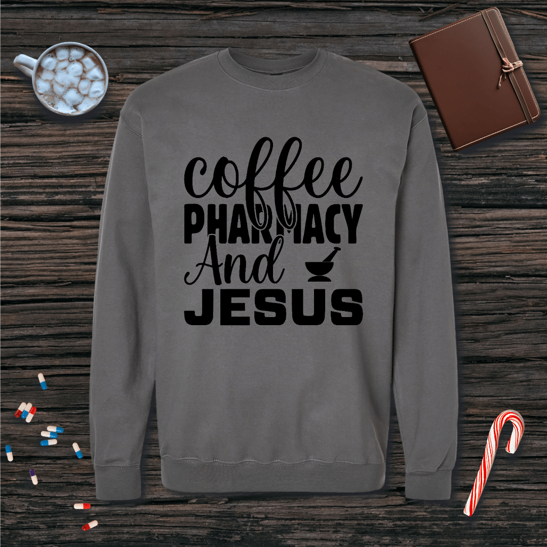 Coffee Pharmacy and Jesus Fleece Crewneck Sweatshirt