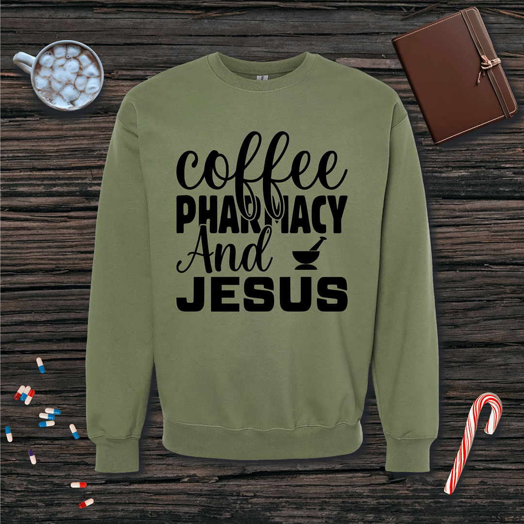 Coffee Pharmacy and Jesus Fleece Crewneck Sweatshirt