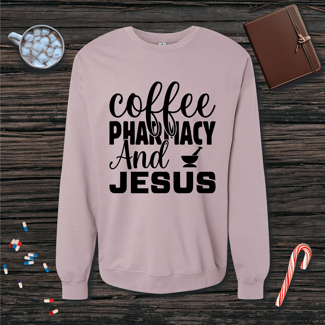 Coffee Pharmacy and Jesus Fleece Crewneck Sweatshirt