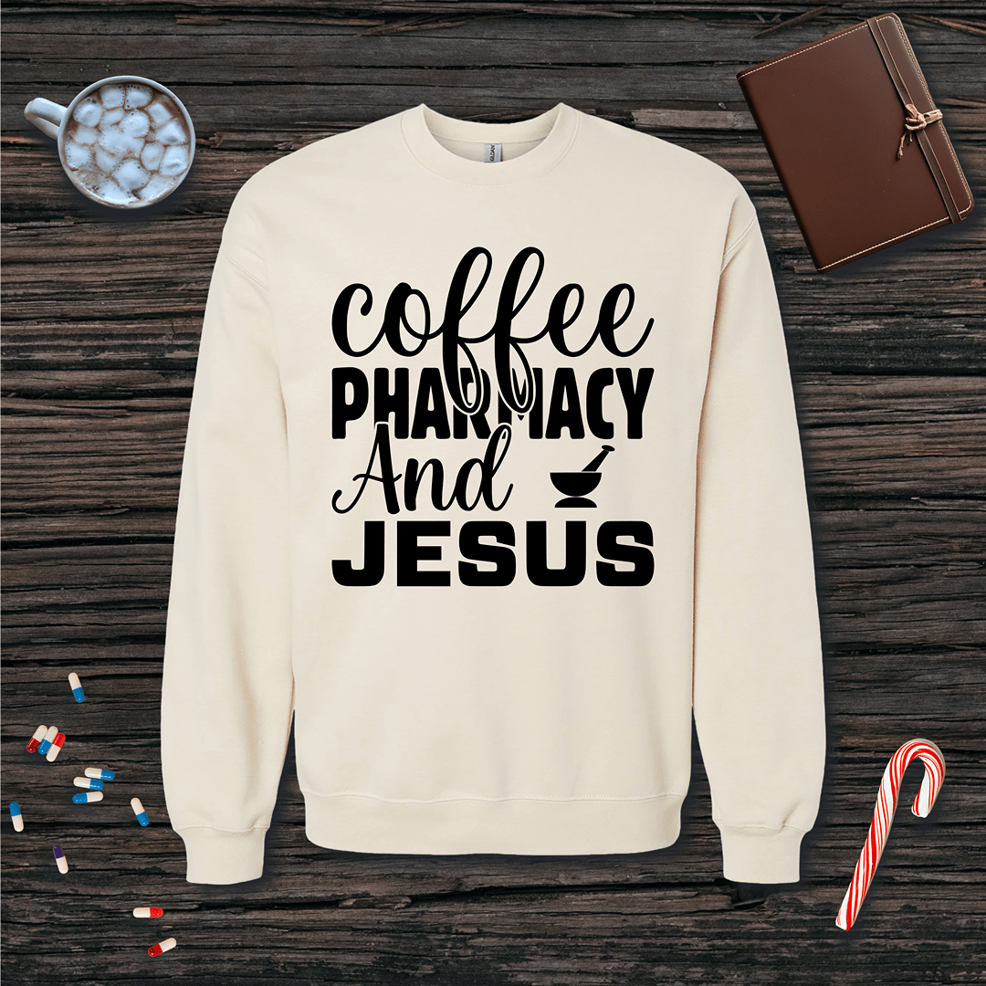 Coffee Pharmacy and Jesus Fleece Crewneck Sweatshirt