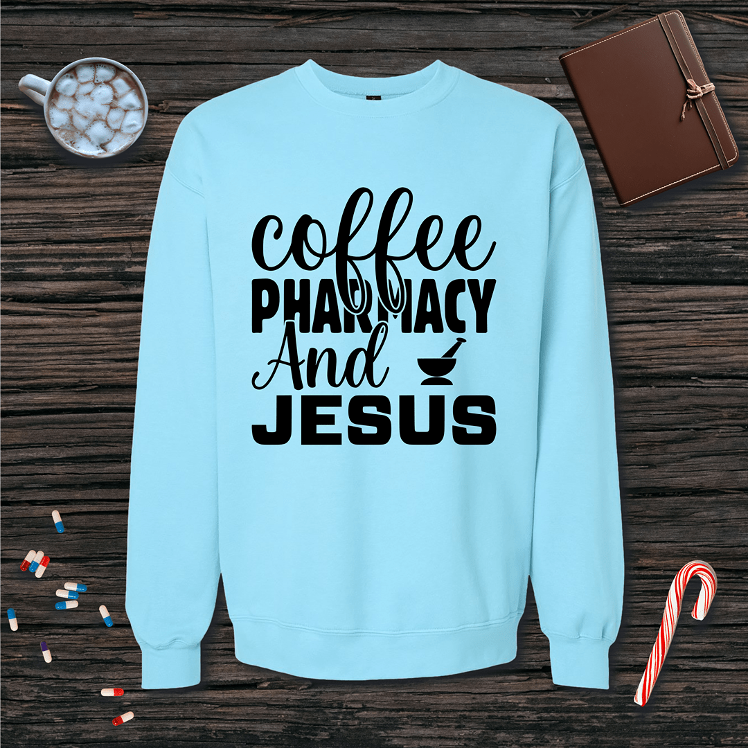Coffee Pharmacy and Jesus Fleece Crewneck Sweatshirt