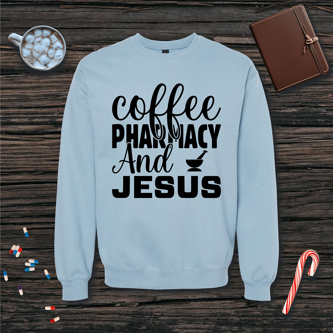 Coffee Pharmacy and Jesus Fleece Crewneck Sweatshirt