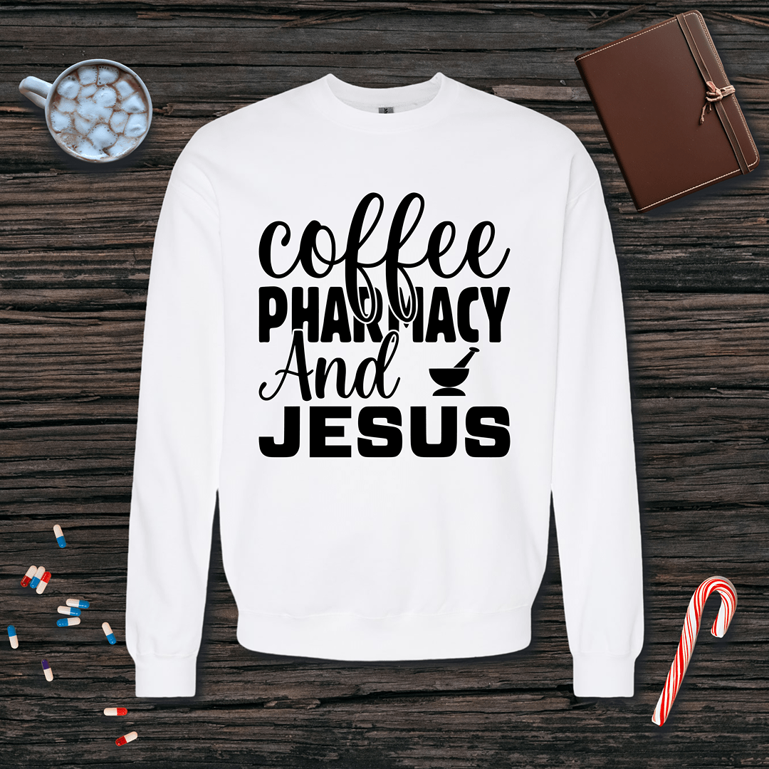 Coffee Pharmacy and Jesus Fleece Crewneck Sweatshirt
