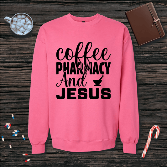 Coffee Pharmacy and Jesus Fleece Crewneck Sweatshirt